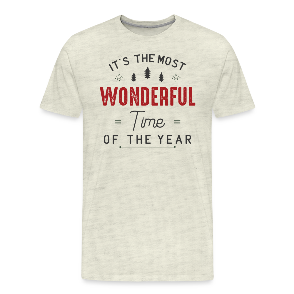 Jolly Jamboree: Men's Premium 'Most Wonderful Time of the Year' Festive Tee - heather oatmeal