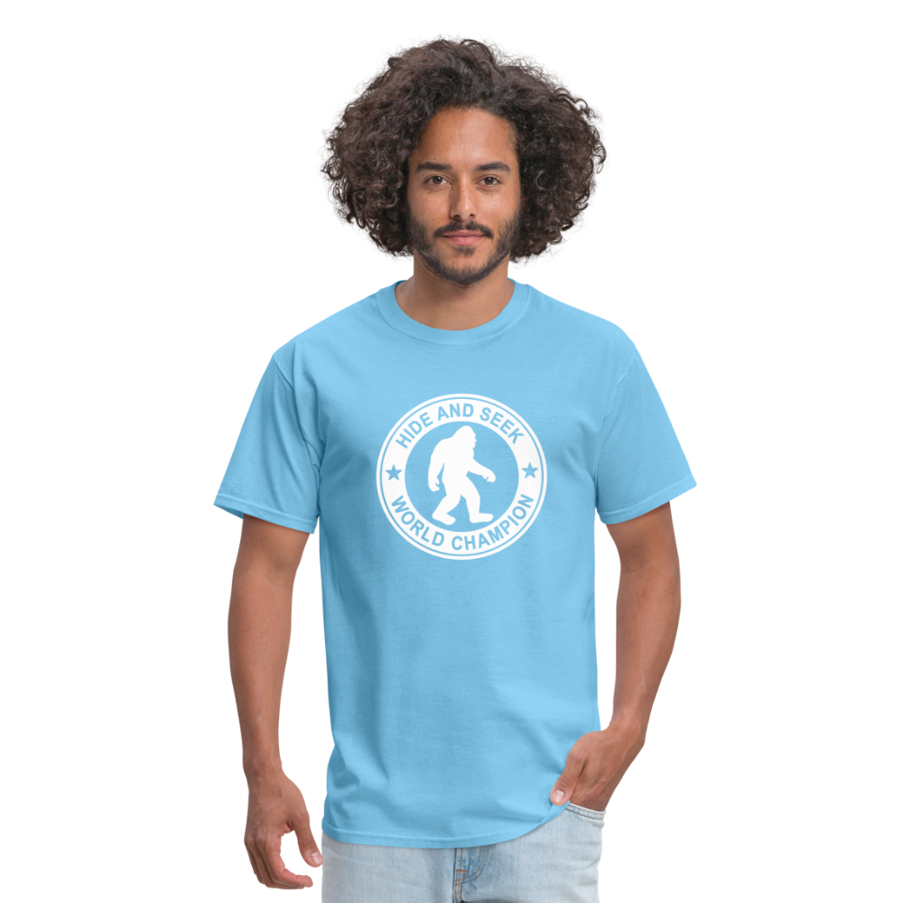 Bigfoot Hide & Seek Champ: Humorous Cryptozoology Legend Tee - aquatic blue